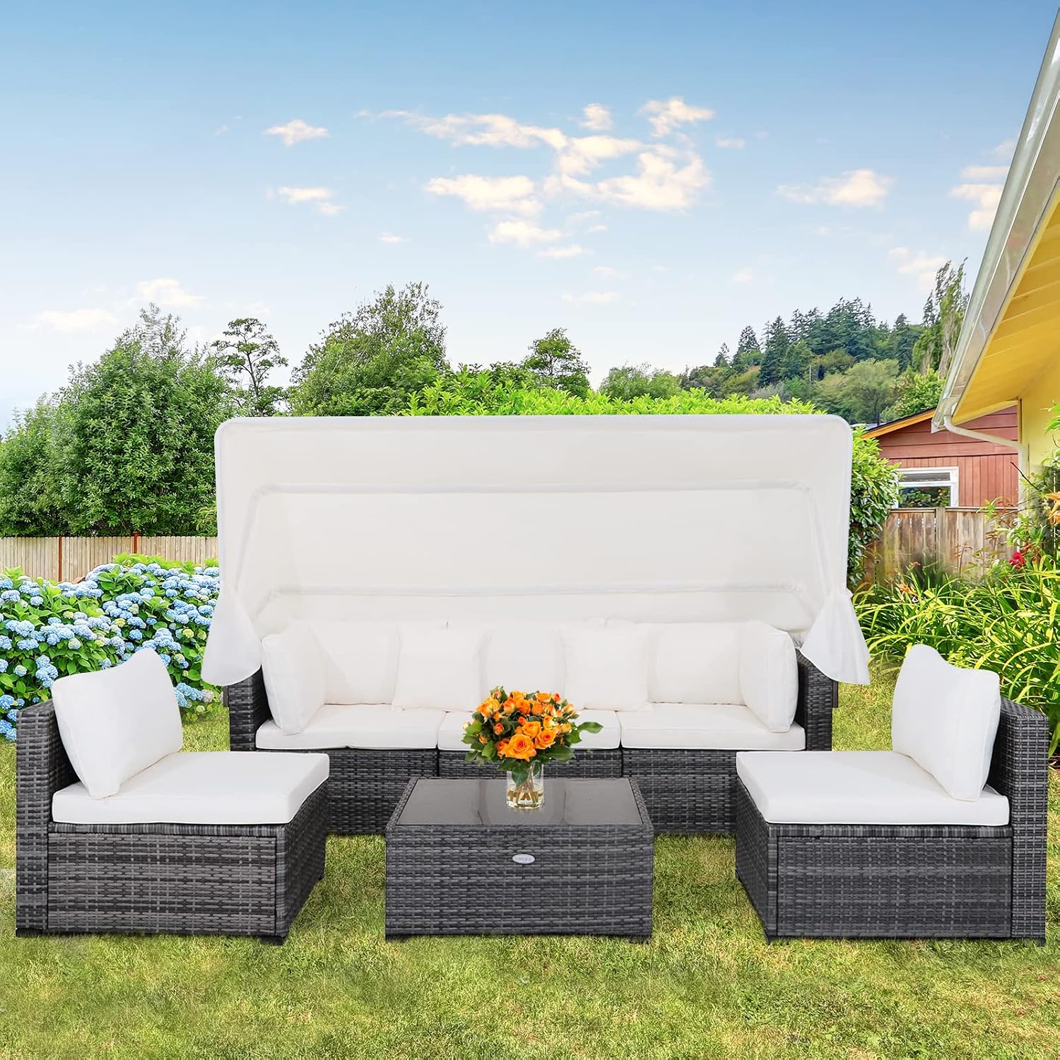 Tangkula 6-Piece Patio Furniture Set w/Retractable Canopy, Outdoor Conversation Set w/3-Seat Daybed Sofa, Soft Cushions and Tempered Glass Coffee Table, All-Weather PE Rattan Sectional Sofa Set