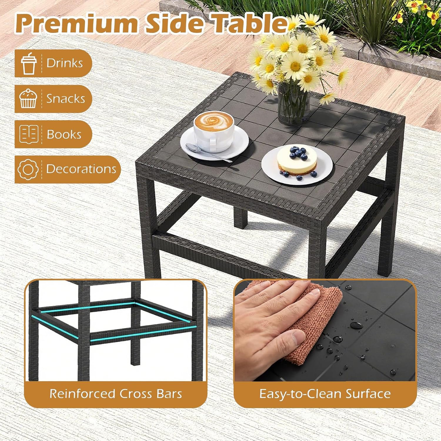 COSTWAY 3 Piece Patio Furniture Set, Outdoor PP Rattan Wicker Furniture Set with 2 Modern Rattan Armchair and 25' Squire Side Table for Patio, Garden, Poolside, Bistro, Black