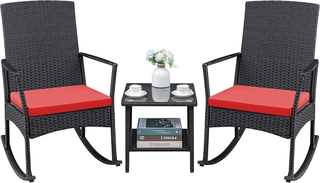 Greesum 3 Pieces Patio Furniture Set Outdoor Wicker Rocking Chairs with Glass Coffee Table for Garden Backyard Porch Poolside, Red