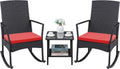 Greesum 3 Pieces Patio Furniture Set Outdoor Wicker Rocking Chairs with Glass Coffee Table for Garden Backyard Porch Poolside, Red