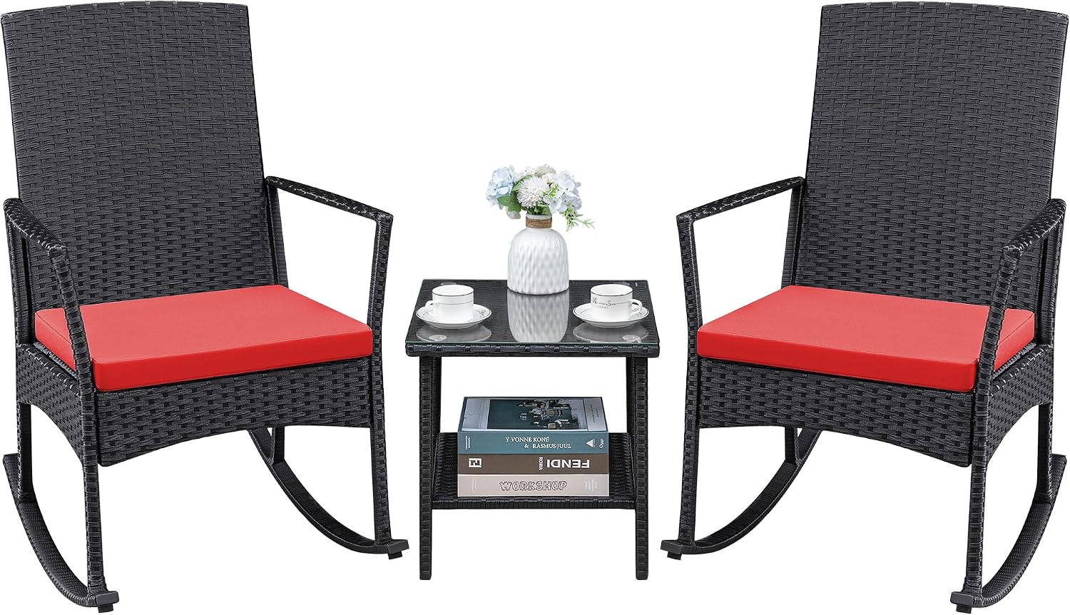 Greesum 3 Pieces Patio Furniture Set Outdoor Wicker Rocking Chairs with Glass Coffee Table for Garden Backyard Porch Poolside, Red