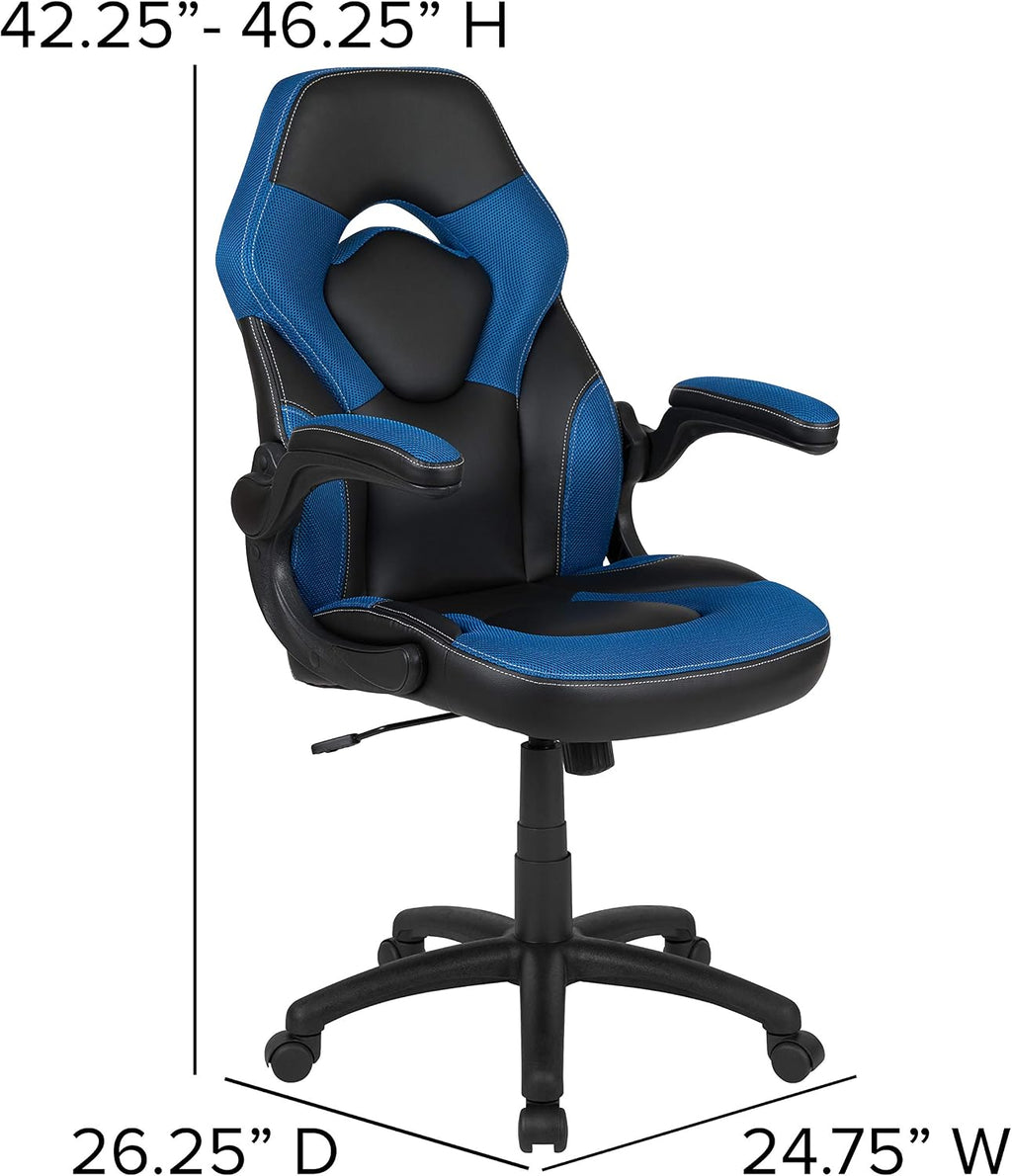 Flash Furniture X10 High-Back LeatherSoft Racing Style Gaming Chair with Flip-Up Arms, Ergonomic Padded Swivel Computer Chair, Blue/Black