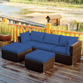 Tangkula 5 Piece Patio Furniture Set, Outdoor Sectional Rattan Sofa Set with Cushions and Coffee Table, Suitable for Backyard Porch Garden Poolside and Deck, Wicker Conversation Set (Navy Blue)