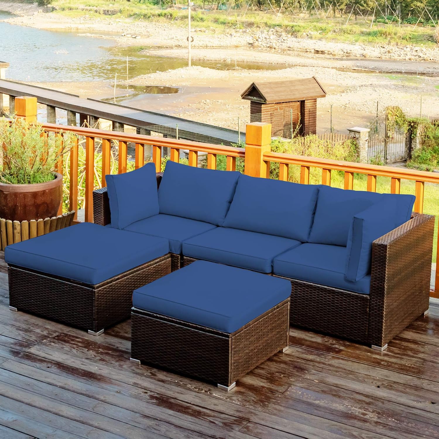 Tangkula 5 Piece Patio Furniture Set, Outdoor Sectional Rattan Sofa Set with Cushions and Coffee Table, Suitable for Backyard Porch Garden Poolside and Deck, Wicker Conversation Set (Navy Blue)