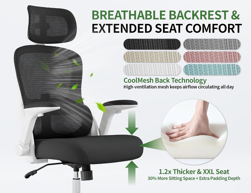 Office Chair - Ergonomic Desk Chair with Adjustable Headrest Lumbar Support Computer Chair - Mesh Comfy Chairs with Flip-up Armrests - Big and Tall Gaming Chairs for Adults Home Office(White Black)