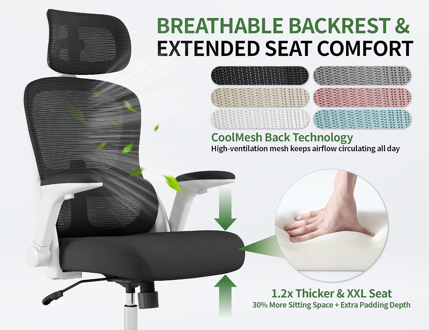 Office Chair - Ergonomic Desk Chair with Adjustable Headrest Lumbar Support Computer Chair - Mesh Comfy Chairs with Flip-up Armrests - Big and Tall Gaming Chairs for Adults Home Office(White Black)