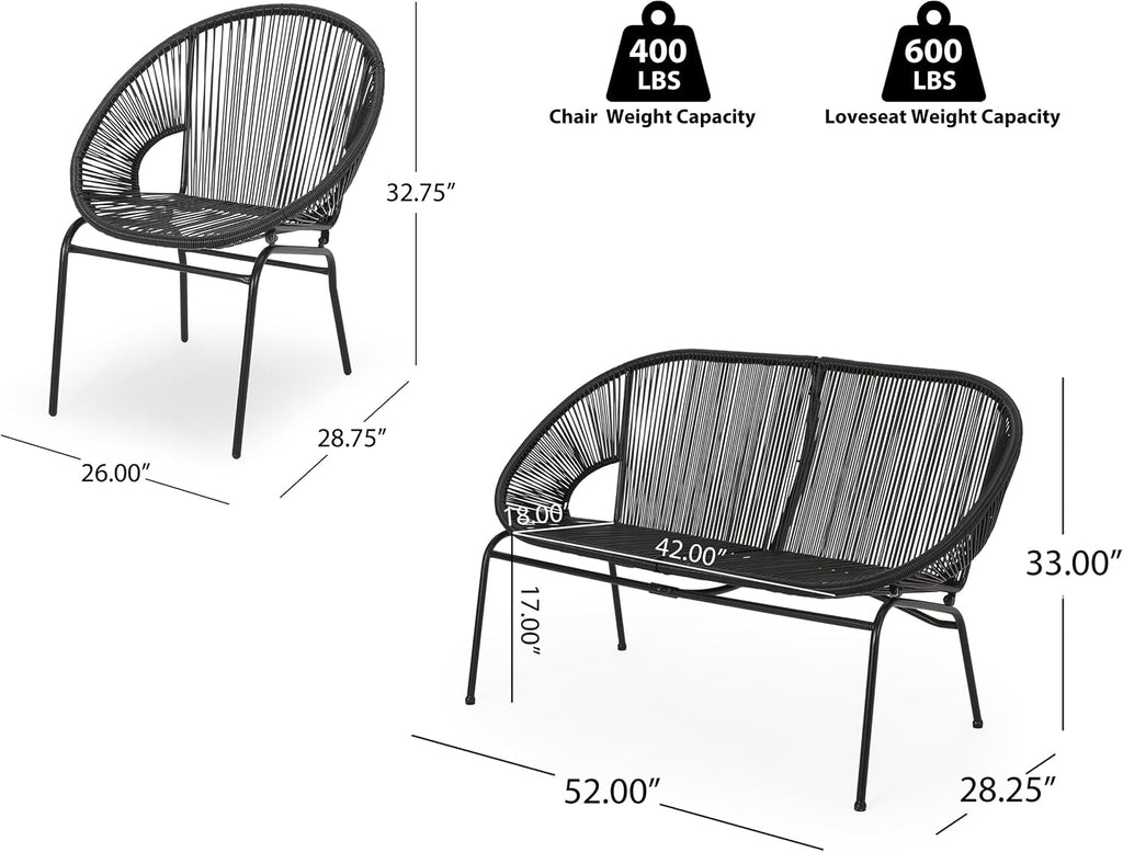 Christopher Knight Home Dessa 3 Piece Patio Furniture Set, Patio Wicker Accent Chair Set of 2 and Loveseat, Metal Frame 4 Seater Outdoor Papasan Lounge Chair Set, PE Rattan Outdoor Bistro Set, Black