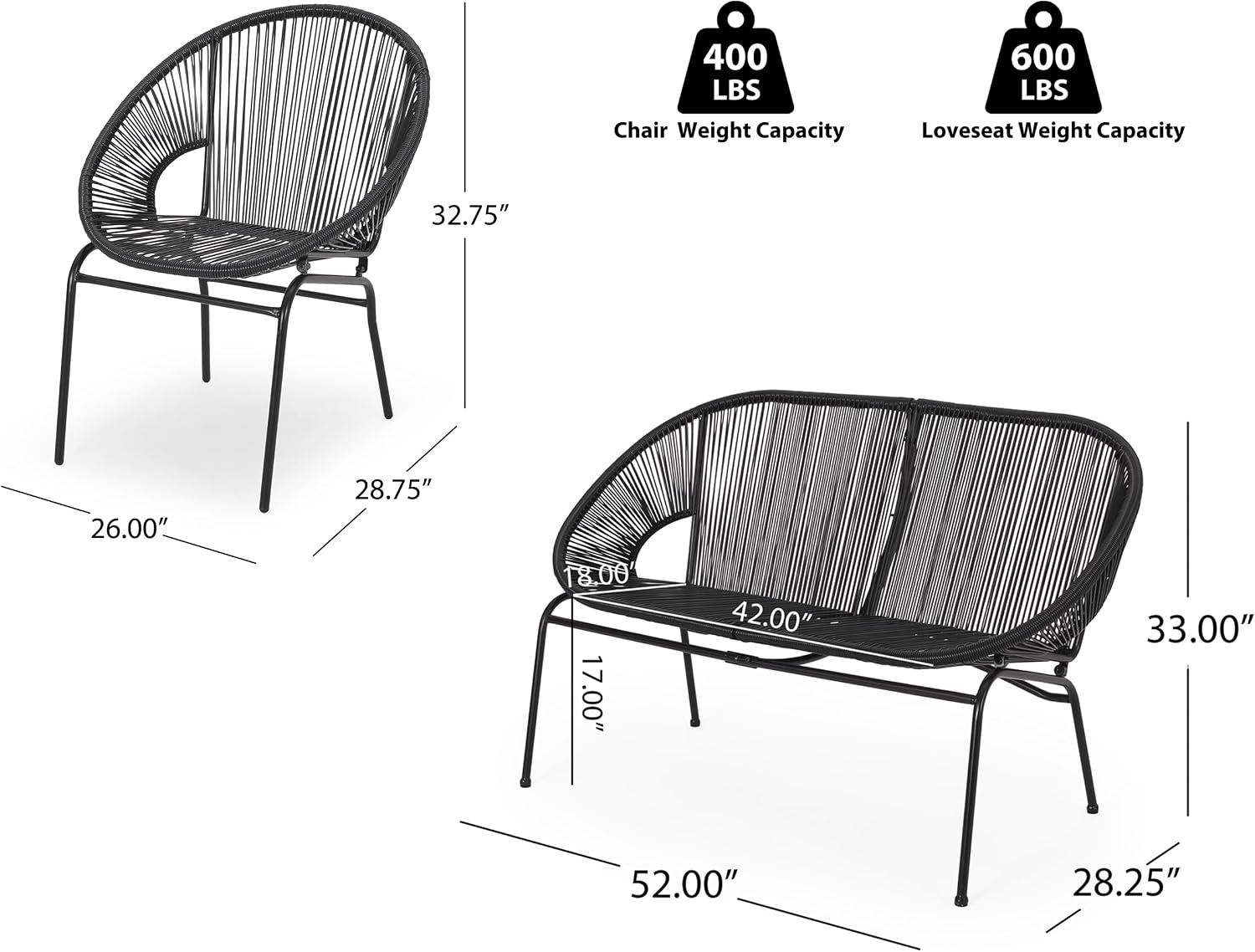 Christopher Knight Home Dessa 3 Piece Patio Furniture Set, Patio Wicker Accent Chair Set of 2 and Loveseat, Metal Frame 4 Seater Outdoor Papasan Lounge Chair Set, PE Rattan Outdoor Bistro Set, Black