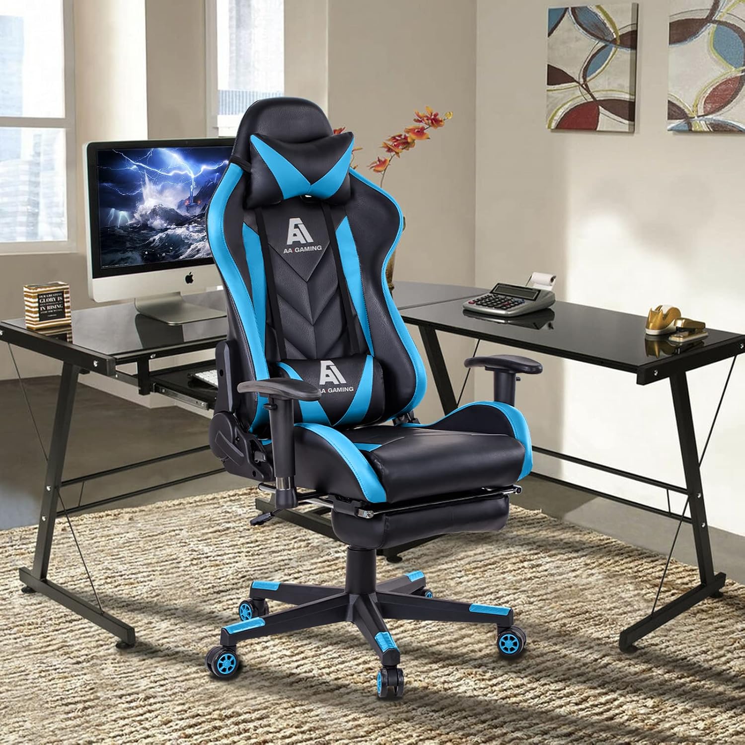 AA Products Gaming Chair High Back Ergonomic Computer Racing Chair Adjustable Office Chair with Footrest, Lumbar Support Swivel Chair - Blue