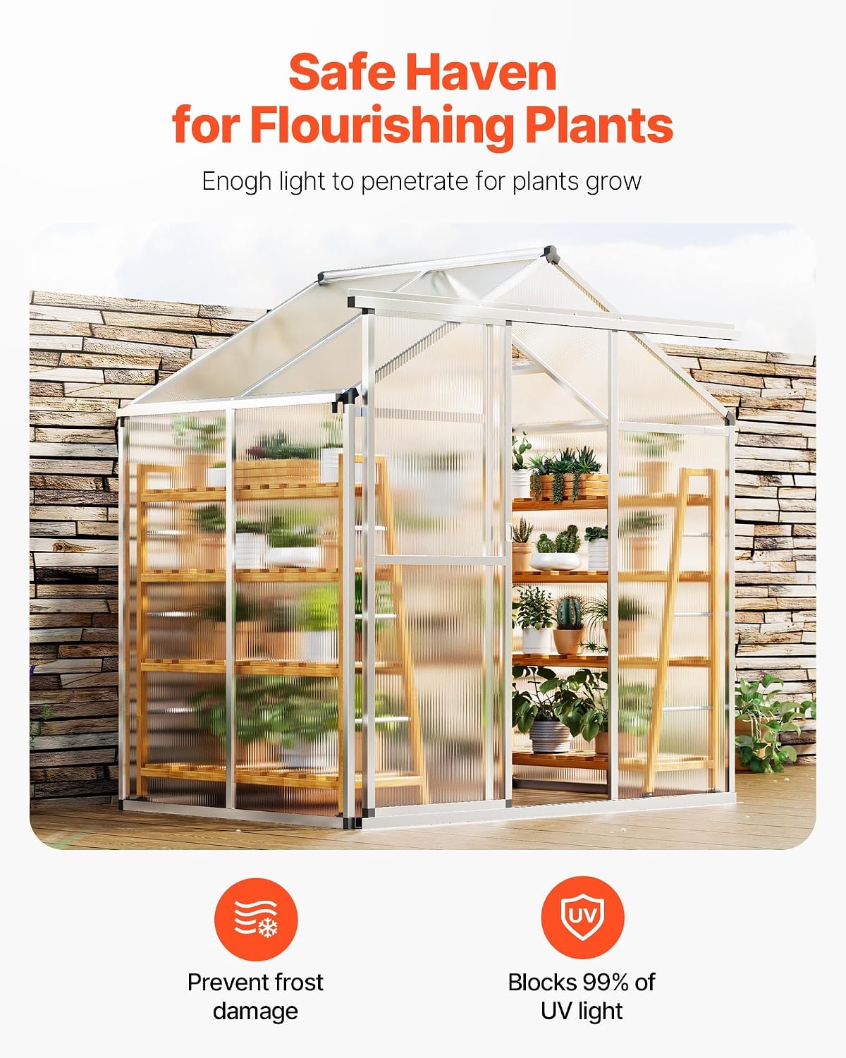 VEVOR Polycarbonate Greenhouse, 6 x 4 Ft, Outdoor Greenhouse with Adjustable Vent Windows, Pavilion Styled Green House with Sliding Door, Aluminum Large Walk-in Greenhouses Kit for Garden Backyard