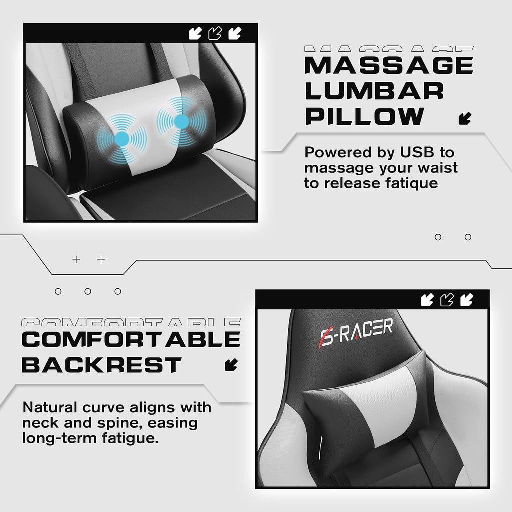 Homall Gaming Chairs, Computer Chair with Footrest and Massage Lumbar Support, Height Adjustable Game Chair with Headrest and Swivel Seat (White)