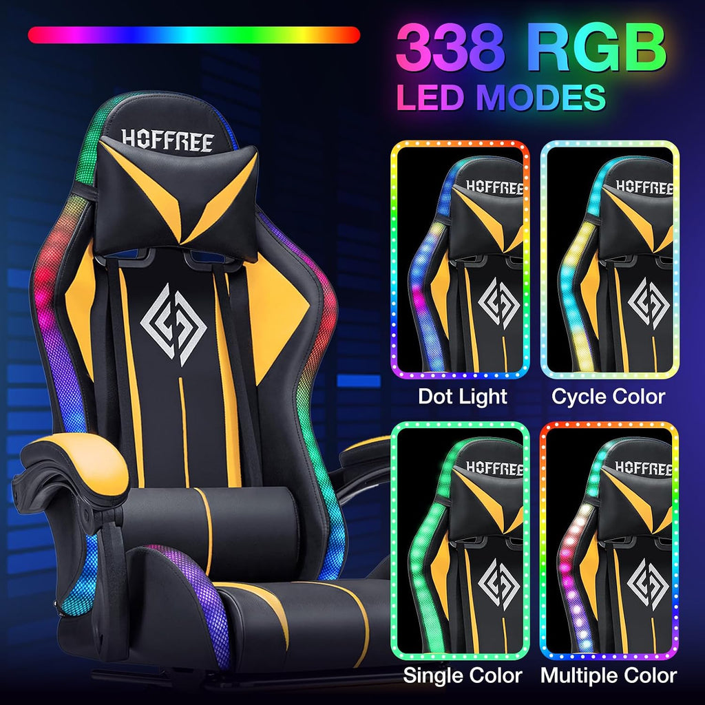 Gaming Chair with Bluetooth Speakers and LED RGB Lights Ergonomic Massage Computer Gaming Chair with Footrest High Back Music Video Game Chair with Lumbar Support Yellow and Black