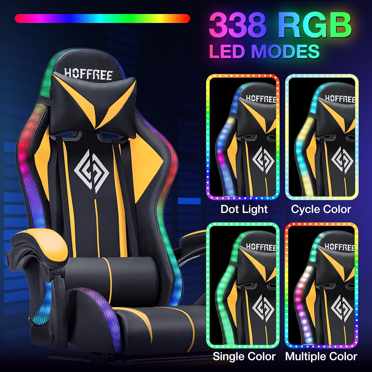 Gaming Chair with Bluetooth Speakers and LED RGB Lights Ergonomic Massage Computer Gaming Chair with Footrest High Back Music Video Game Chair with Lumbar Support Yellow and Black