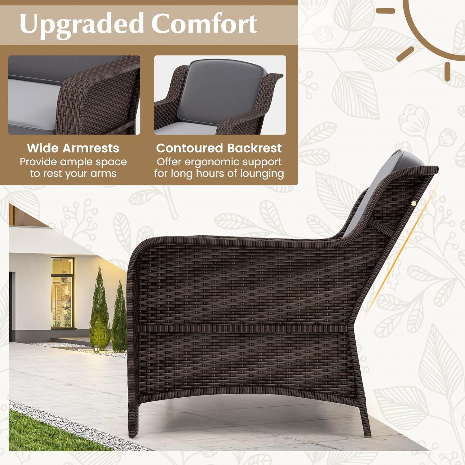 Tangkula 3 Pieces Outdoor Patio Furniture Set, Patiojoy PE Rattan Wicker Chairs with Cushions and Tempered Glass Coffee Table, Outdoor Wicker Conversation Bistro Set for Porch, Balcony, Garden (Gray)