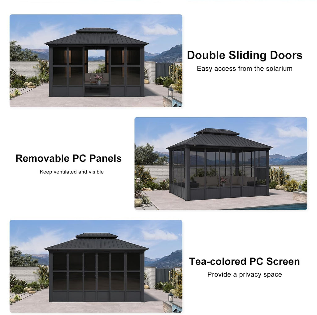 PURPLE LEAF Sunroom Solarium Screened Gazebo 10' x 13', Enclosed Gazebo with Mesh & Removable PC Panels, Magnetic Sliding Doors, Aluminum Frame for Outdoor Living Space, Backyard Lounge & Dining