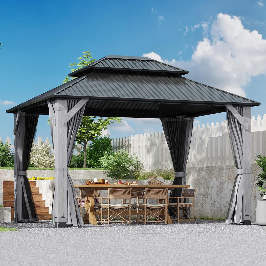 10'x12' Hardtop Wood Gazebo, Outdoor Double Roof Galvanized Steel Top Gazebo with Wooden Post, Curtains & Netting for Backyard, Patio, Deck (10x12 FT)