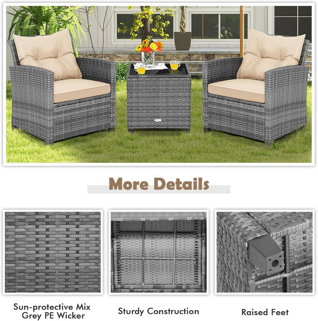 COSTWAY 3PCS Patio Furniture Set, PE Rattan Wicker Sofa w/Washable Cushion and Coffee Table, Tempered Glass Tabletop, Outdoor Conversation Set for Balcony, Porch, Yard, Backyard, Lawn (Beige)