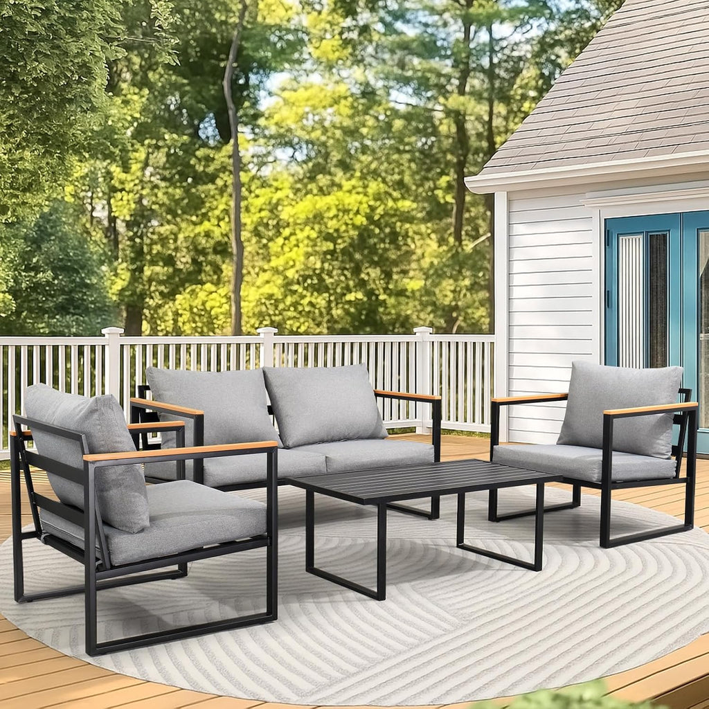 VINGLI Outdoor Metal Patio Furniture Sets 4-Piece, Sectional Outdoor Conversation Sets w/Iron Coffee Table, Patio Couch with Removable Cushion for Porch, Garden, Poolside