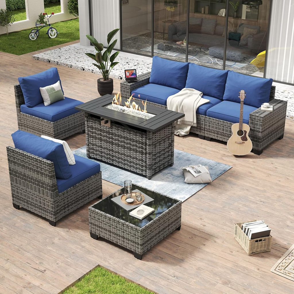 Aoxun 7 Piece Patio Furniture Set with Wide Armrests & 44' Fire Pit Table Wicker Rattan Outdoor Sectional Sofa Set with Coffee Table and Thickened Cushions, Gray/Blue(Waterproof Cover Included)