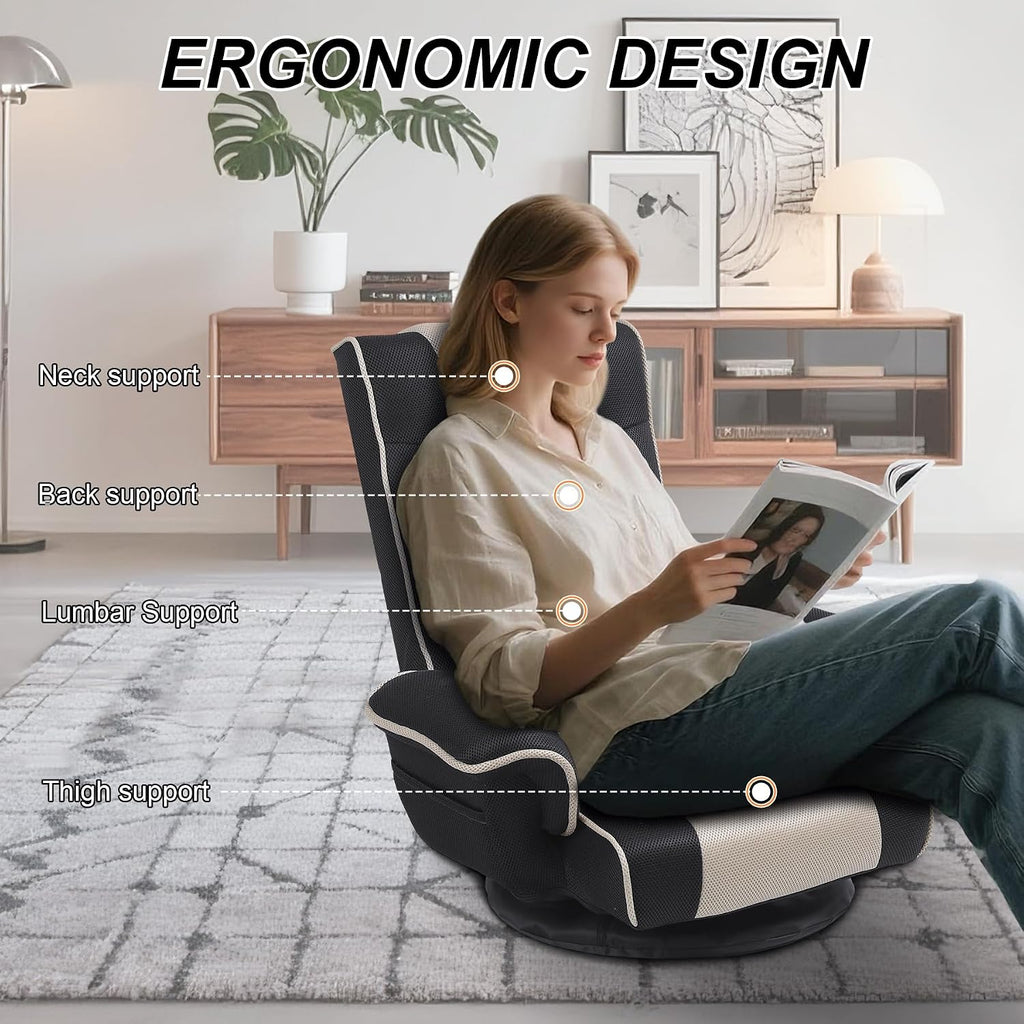 Swivel Floor Chairs for Adults, Floor Gaming Chair with Extra Wide Arms, Back Support 14 Angles Adjustable Comfortable Double Mesh Fabric Lazy Sofa for Video Game Chairs 201 (Grey + Beige)