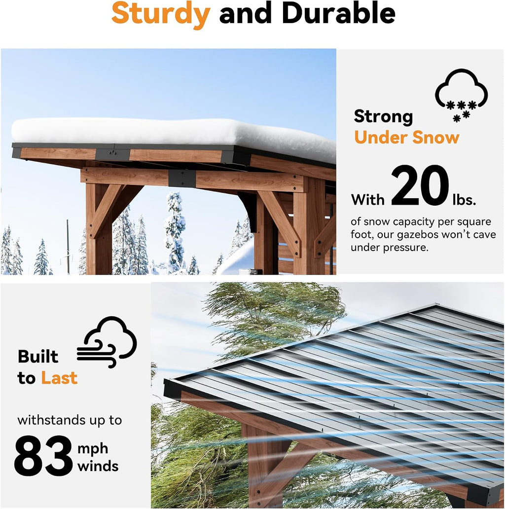 Modern Shade The Aura Cedar Wood Entertainment Bar Center, Wood Gazebo Grill Pavilion with Shelves & Paper Towel Holder, Grill Gazebo with Hardtop Steel Roof,TV Mount, Power Strip for Patio, Garden