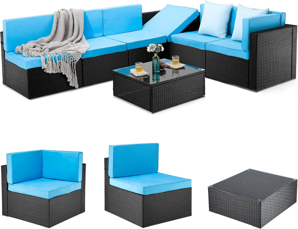 Pamapic Patio Furniture Set, 7 Pieces Modular Outdoor Sectional, Patio Sectional Sofa Conversation Set, Rattan Sofa with Coffee Table and Washable Cushions Covers, Black Rattan and Blue Cushions
