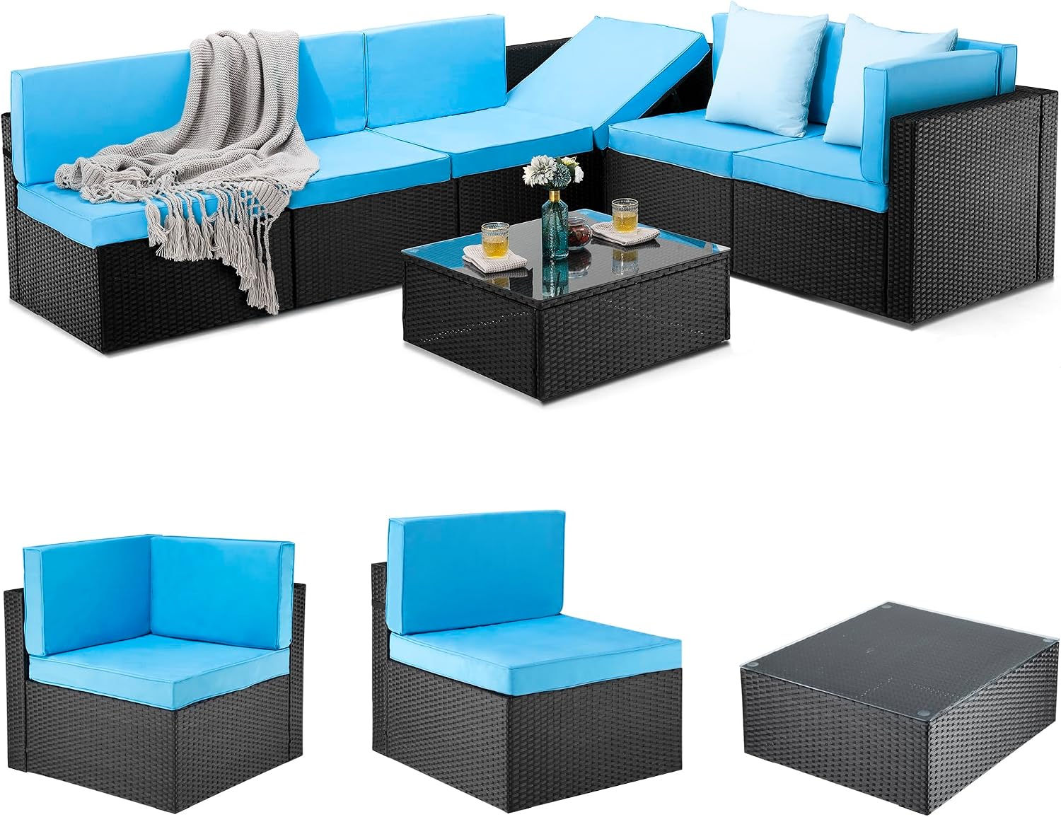 Pamapic Patio Furniture Set, 7 Pieces Modular Outdoor Sectional, Patio Sectional Sofa Conversation Set, Rattan Sofa with Coffee Table and Washable Cushions Covers, Black Rattan and Blue Cushions