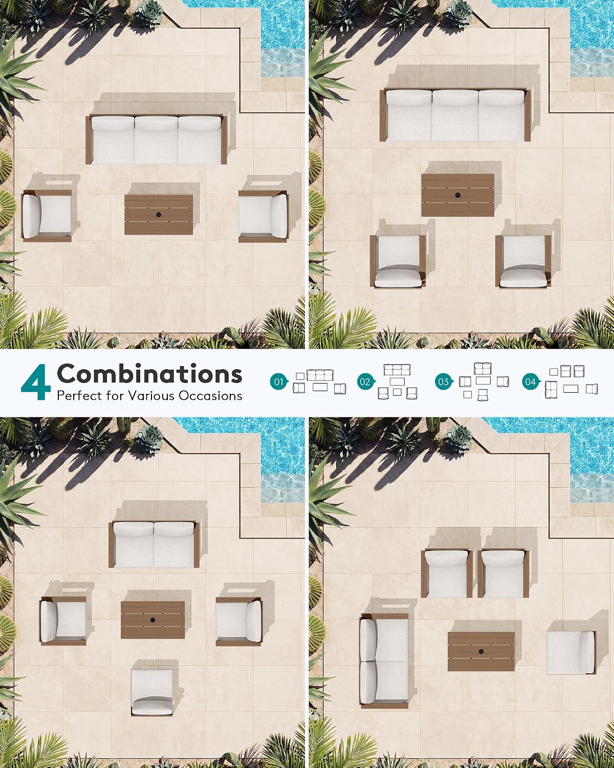 SERWALL HDPE Patio Conversation Set, 6-piece Sectional Outdoor Furniture Set, All Weather Outdoor Couch Set Patio Furniture Set for Deck, Lawn, Grey Frame with Khaki Cushion