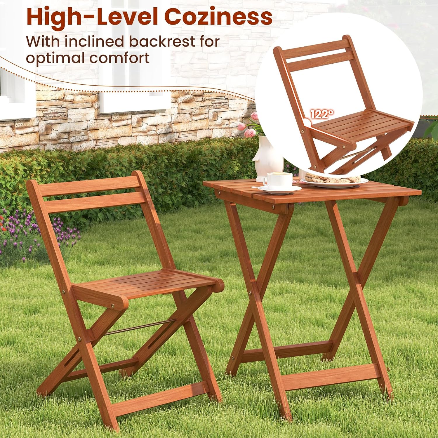 Tangkula 3 Pieces Solid Wood Patio Bistro Set with 2 Folding Chairs, Outdoor Table and Chairs Set, Balcony Furniture Set, Small Patio Set for Porch, Deck, Garden and Backyard