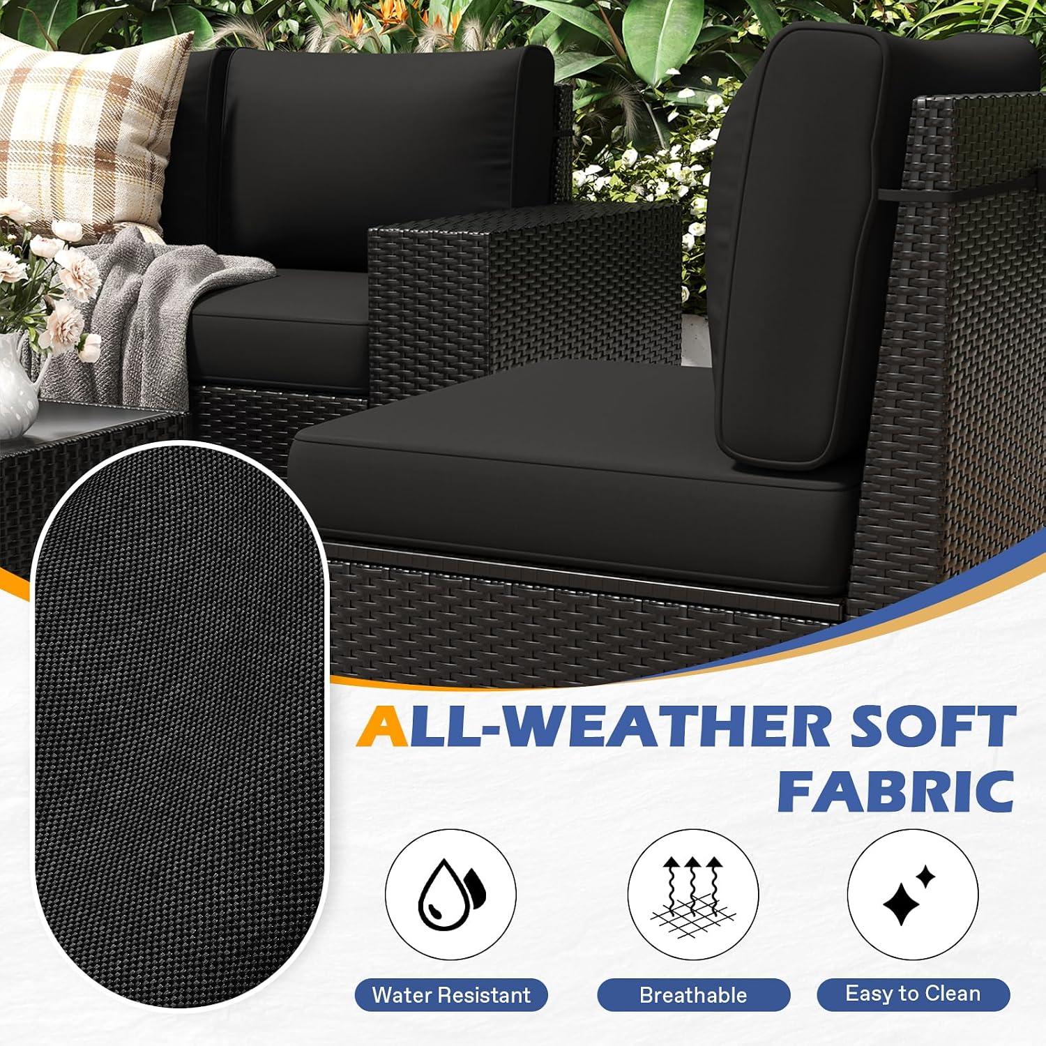 6 Piece Patio Furniture Set, Outdoor Furniture with Thick Cushions, Black Wicker Conversation Set Sectional Sofa for Backyard, Poolside, Garden and Lawn (Black, 6 pcs w/Table)