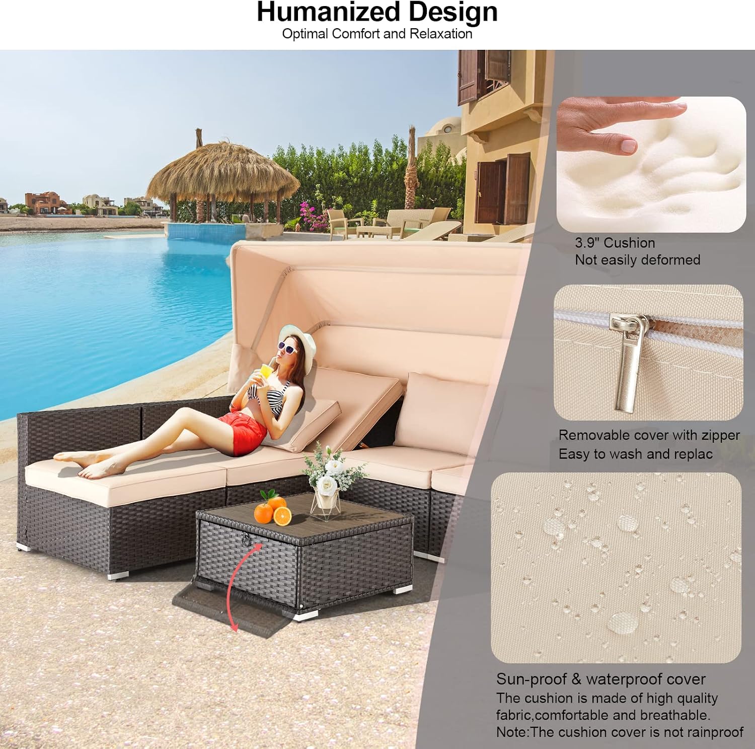 HOMREST 6 Pieces Patio Furniture Sets, Rattan Daybed with Retractable Canopy, Outdoor Sectional Sofa Set with Adjustable Backrest, Chaise Chair Sunbed for Garden Poolside Backyard(Khaki)