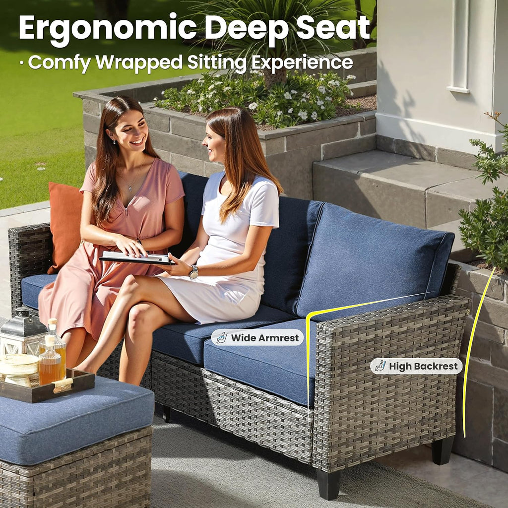 ovios 5-Pieces Patio Furniture Set, Outdoor Wicker Sofa Couch with Ottomans Comfy Cushions, Modern Conversation Set for Backyard Porch, Denim Blue