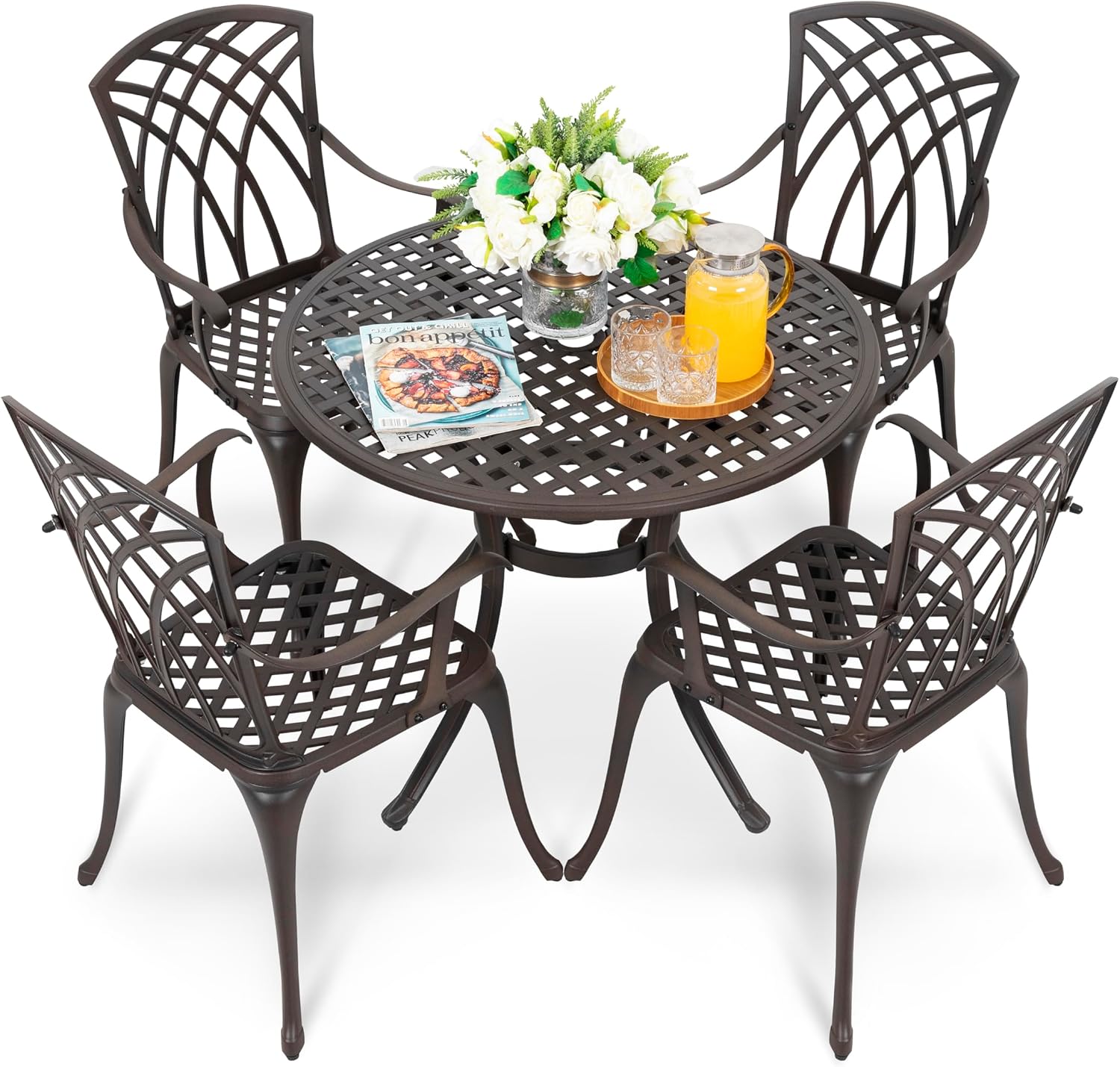 NUU GARDEN 5 Piece Outdoor Patio Dining Set, All-Weather Round Cast Aluminum Dining Table with 1.97'' Umbrella Hole and Outdoor Patio Dining Chairs for Patio, Garden, Backyard, Balcony, Bronze