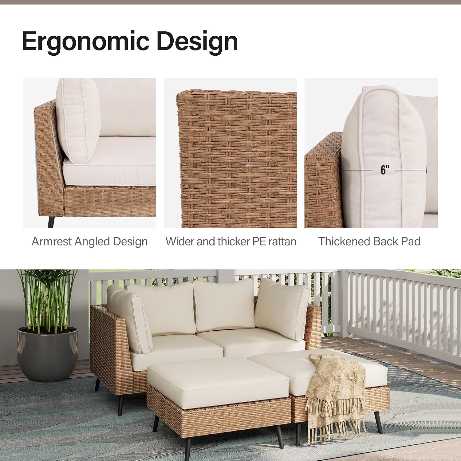 LAUSAINT HOME Outdoor Patio Furniture, 4 Piece Outdoor Sectional Sofa PE Rattan Wicker Patio Conversation Sets, All Weather Patio Furniture Set with Thick Cushions for Garden, Backyard(Beige)