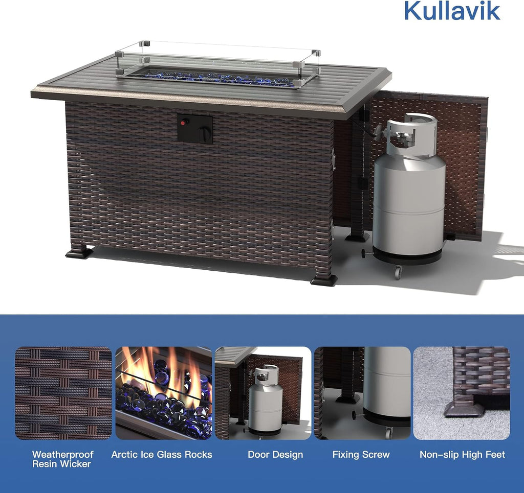 Kullavik 8 Pieces Outdoor Patio Furniture Set with 43' 55000BTU Gas Propane Fire Pit Table PE Wicker Rattan Sectional Sofa Patio Conversation Sets,Grey