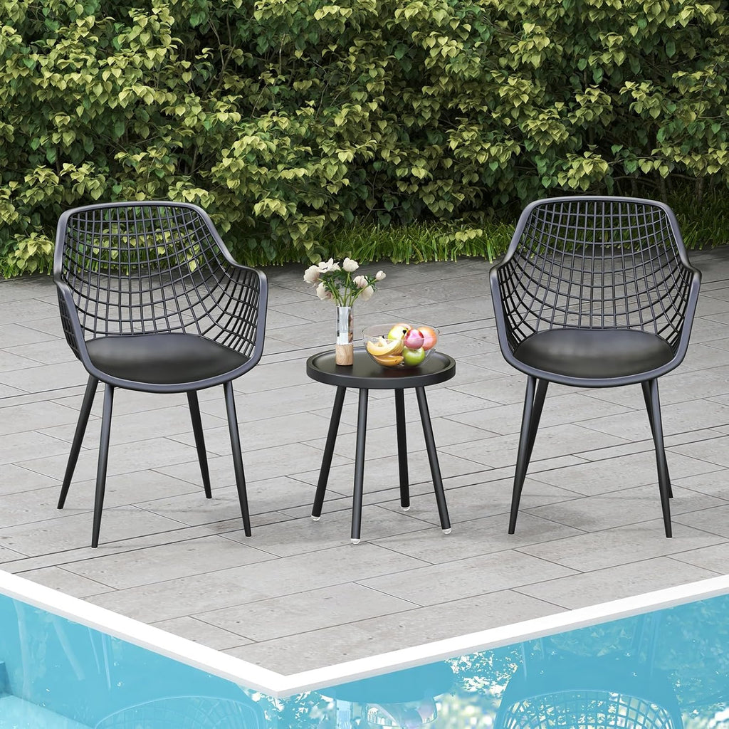 Giantex 3 Piece Patio Furniture Set, Outdoor Bistro Table and Chairs Set of 2, PP Seat & Metal Legs, Small Conversation Set for Balcony Front Porch Deck Backyard Lawn (Black)