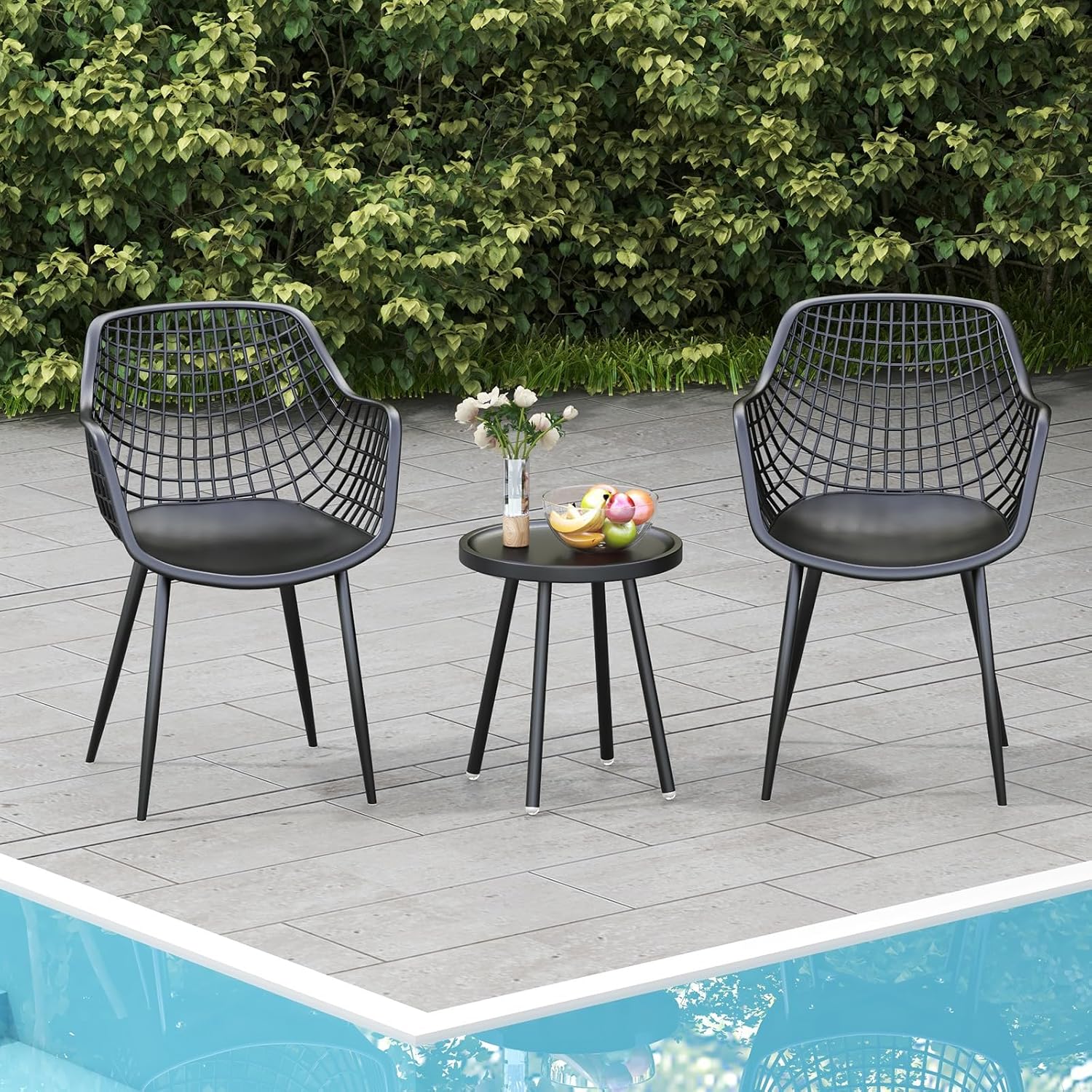 Giantex 3 Piece Patio Furniture Set, Outdoor Bistro Table and Chairs Set of 2, PP Seat & Metal Legs, Small Conversation Set for Balcony Front Porch Deck Backyard Lawn (Black)
