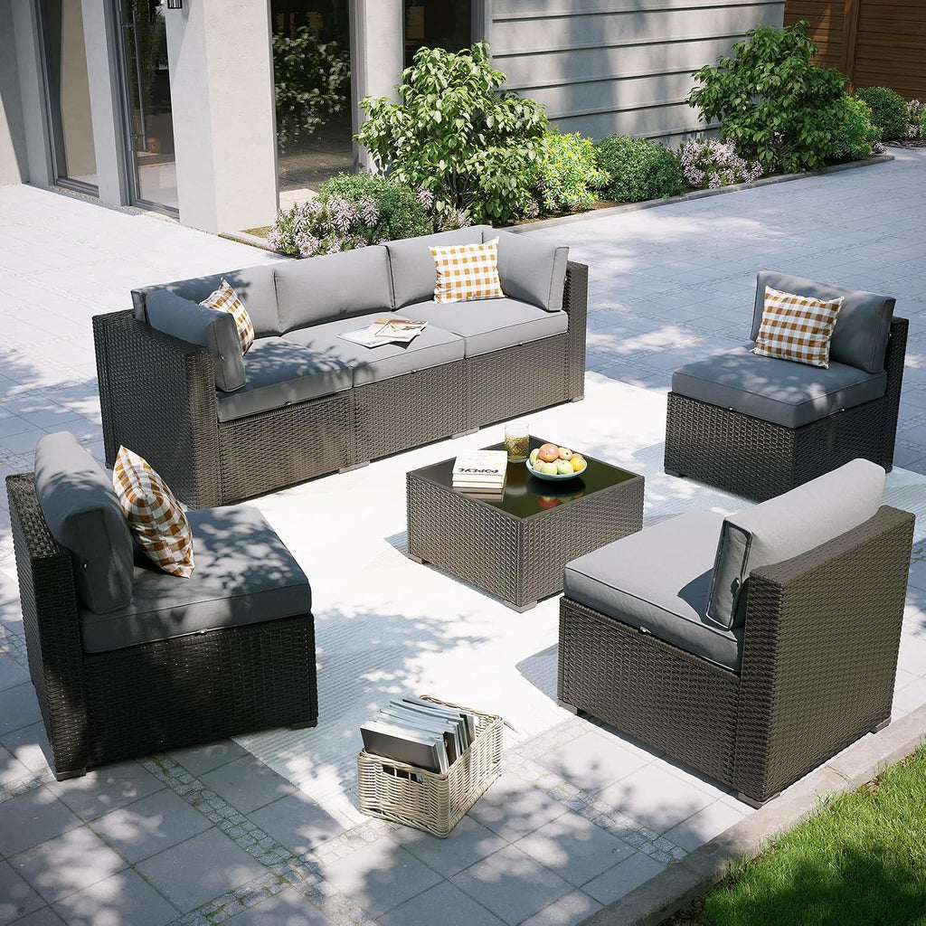 Aoxun Patio Furniture Set, 7 Piece Outdoor Sectional Sofas with Waterproof Cover, Wicker Rattan Outdoor Furniture Patio Conversation Set for Backyard, Garden Light Grey