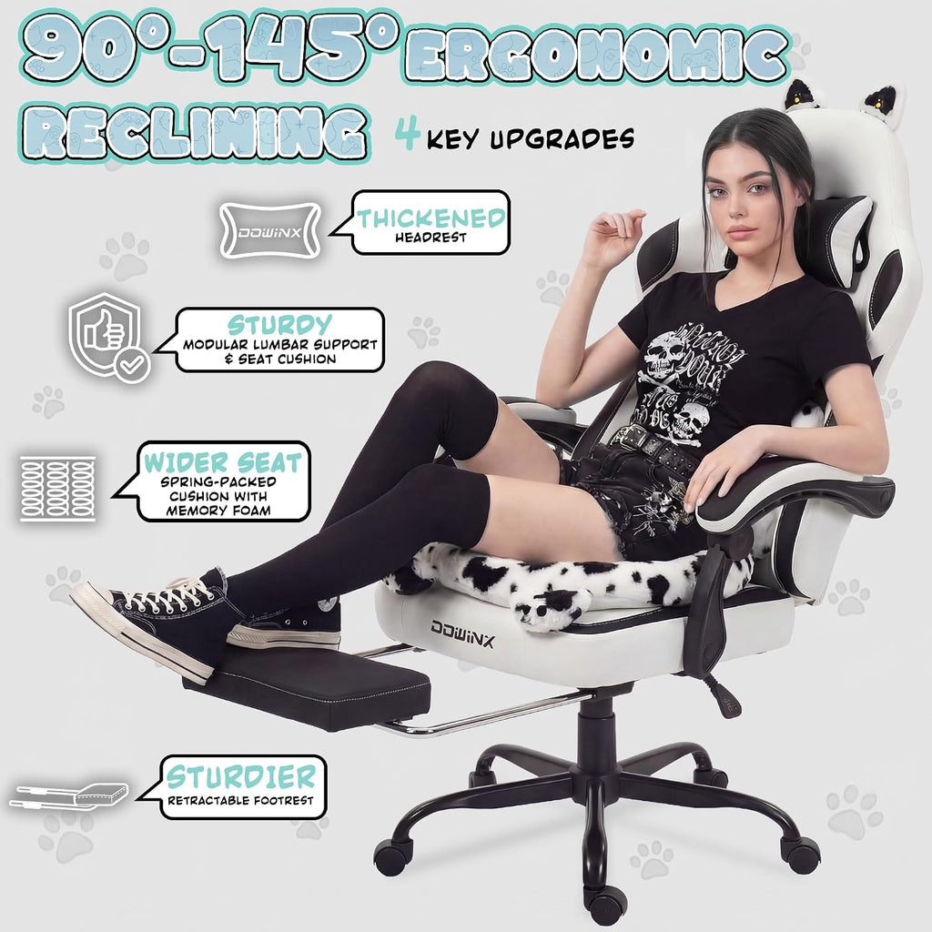 Dowinx Gaming Chair with Cat Ears and Paw Lumbar Pillow, Ergonomic Reclining Chair, Memory Foam and Spring Cushion, Footrest, 300lbs Capacity, Cute and Comfortable Design for Women & Girls