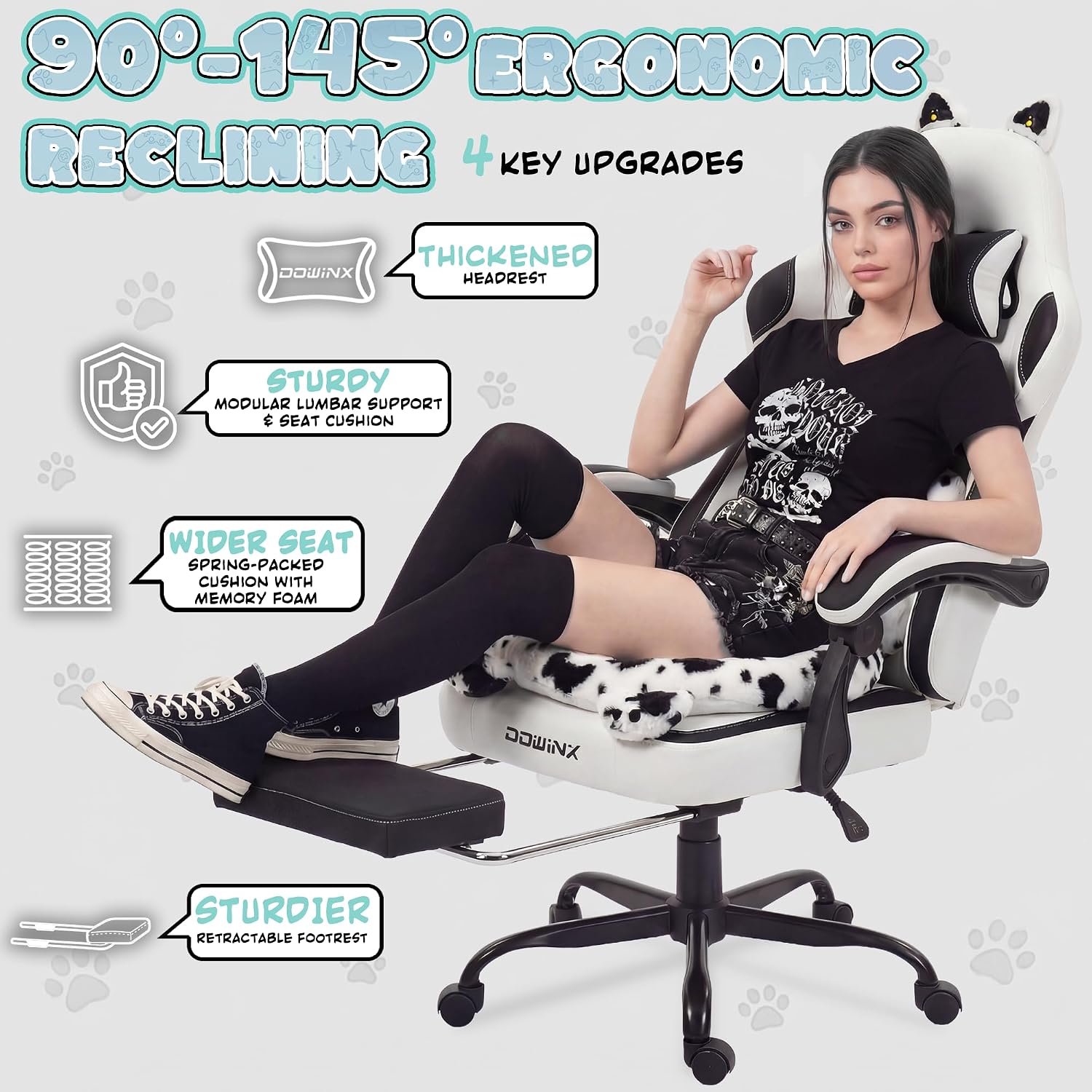 Dowinx Gaming Chair with Cat Ears and Paw Lumbar Pillow, Ergonomic Reclining Chair, Memory Foam and Spring Cushion, Footrest, 300lbs Capacity, Cute and Comfortable Design for Women & Girls