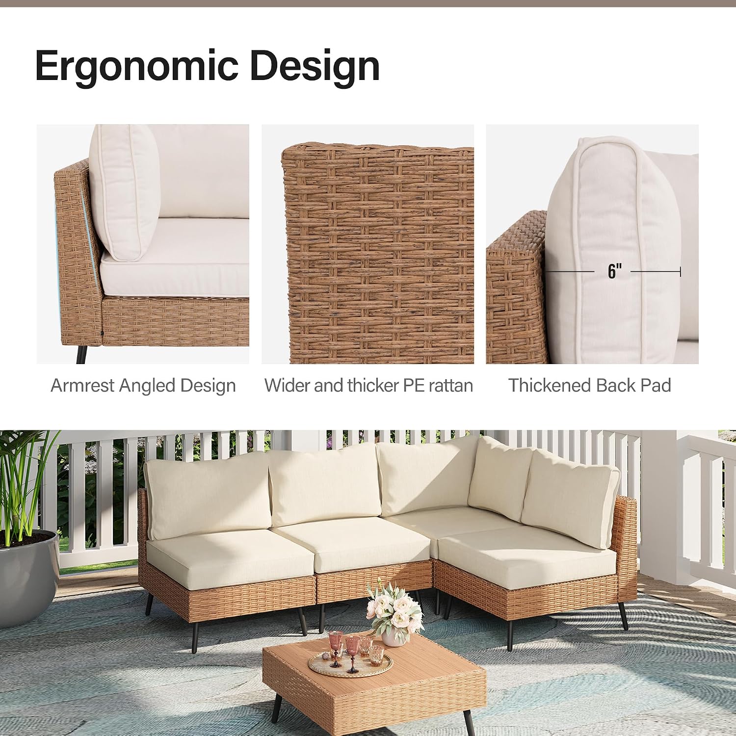 LAUSAINT HOME Outdoor Patio Furniture, 5 Piece Outdoor Sectional Sofa PE Rattan Wicker Patio Conversation Sets, All Weather Patio Furniture Set with Thick Cushions for Garden, Backyard(Beige)