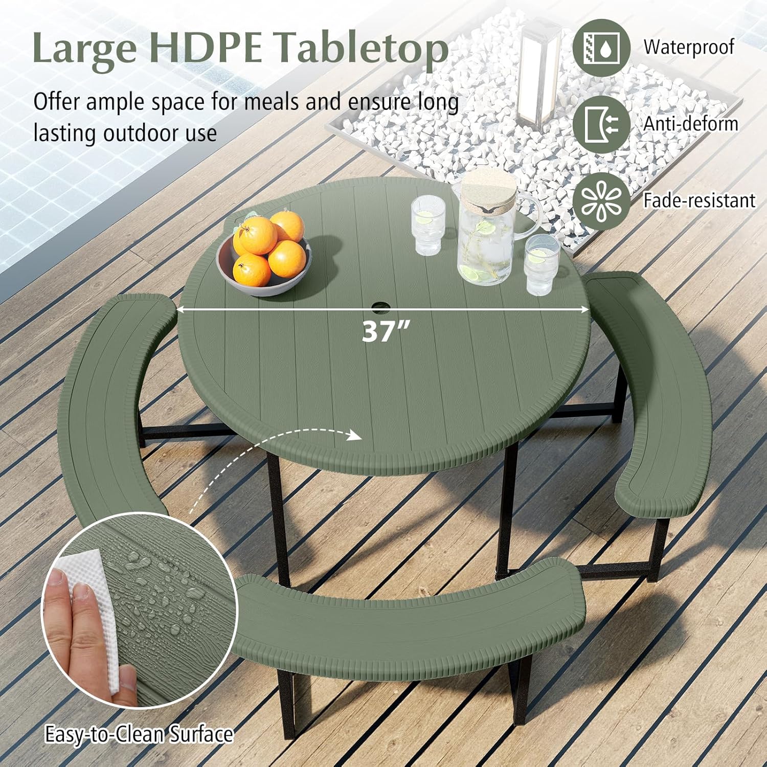 Giantex Picnic Table Bench Set for 4-8 Person, Round 37' Outdoor Dining Table w/Umbrella Hole, HDPE Tabletop, Metal Frame, Patio Furniture Set for Backyard Porch Lawn, 1400lb Capacity (Green,Round)