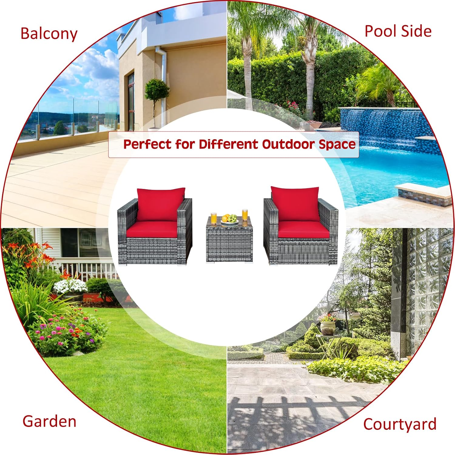 COSTWAY 3-Piece Patio Furniture Set, Outdoor Wicker Rattan Sofa with Cushions and Coffee Table, Conversation Chair Set for Poolside Backyard Balcony Lawn (Red)