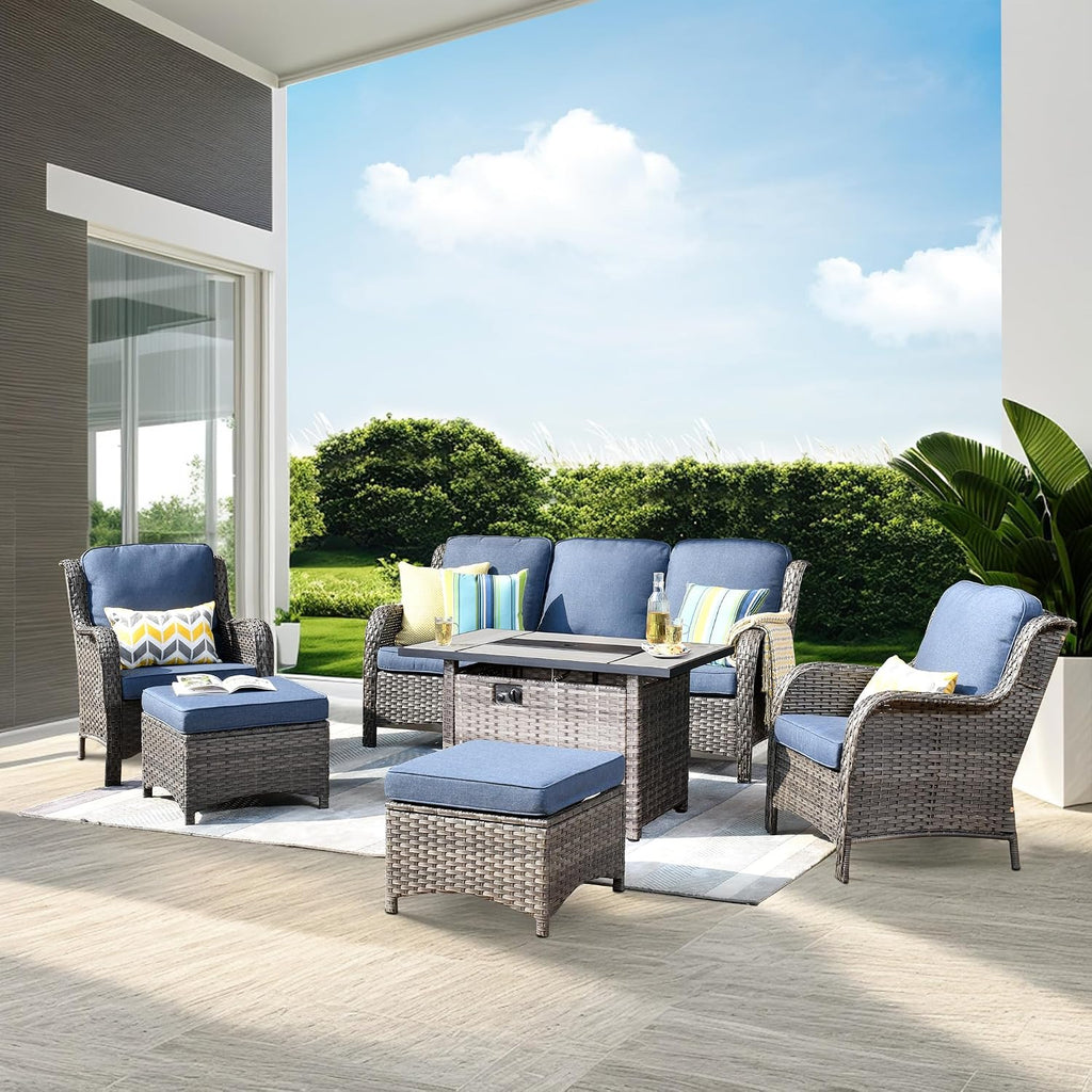 ovios 6 Pieces Patio Furniture Set with 42' Fire Pit Table, Outdoor Wicker Sofa with Ottomans, Comfy Cushions, High Back Couch Conversation Set, Grey Rattan, Denim Blue