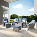 ovios 6 Pieces Patio Furniture Set with 42' Fire Pit Table, Outdoor Wicker Sofa with Ottomans, Comfy Cushions, High Back Couch Conversation Set, Grey Rattan, Denim Blue