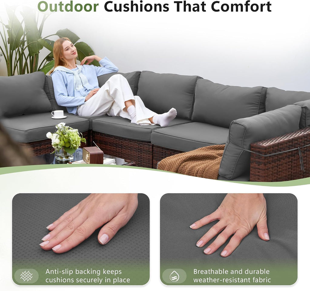 Patio Furniture Sets with Waterproof Cover, 7 Pieces Outdoor Rattan Sectional Sofa Set with Glass Table and Cushions,Wicker Patio Conversation Set for Outdoor Indoor Backyard Lawn Garden Porch (Grey)