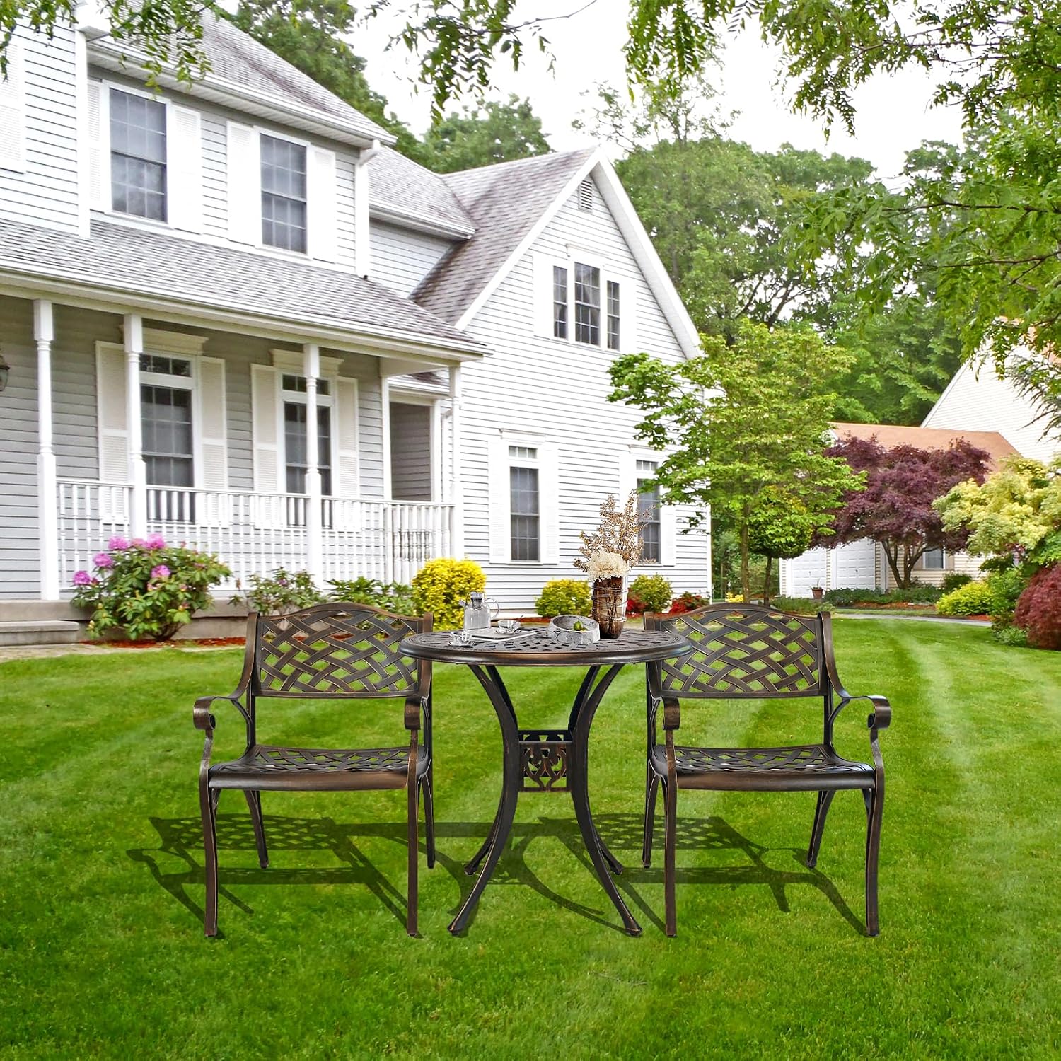 30.31' Outdoor Table and Chairs, Patio Table Set with 2.36' Umbrella Hole, Anti-Resistant Outdoor Dinning Set, Cast Aluminum Patio Furniture Set for Garden, Porch, Deck