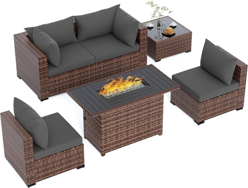 UDPATIO Patio Furniture Set with Fire Pit Table, 5 Piece Outdoor Sectional Sofas, All-Weather Wicker Conversation for Garden, Backyard, Grey