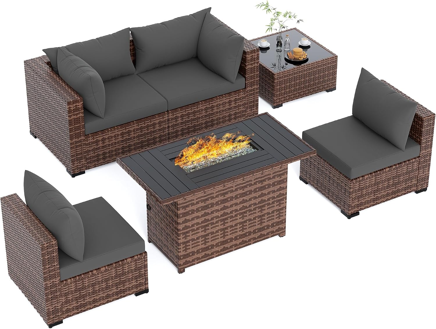 UDPATIO Patio Furniture Set with Fire Pit Table, 5 Piece Outdoor Sectional Sofas, All-Weather Wicker Conversation for Garden, Backyard, Grey
