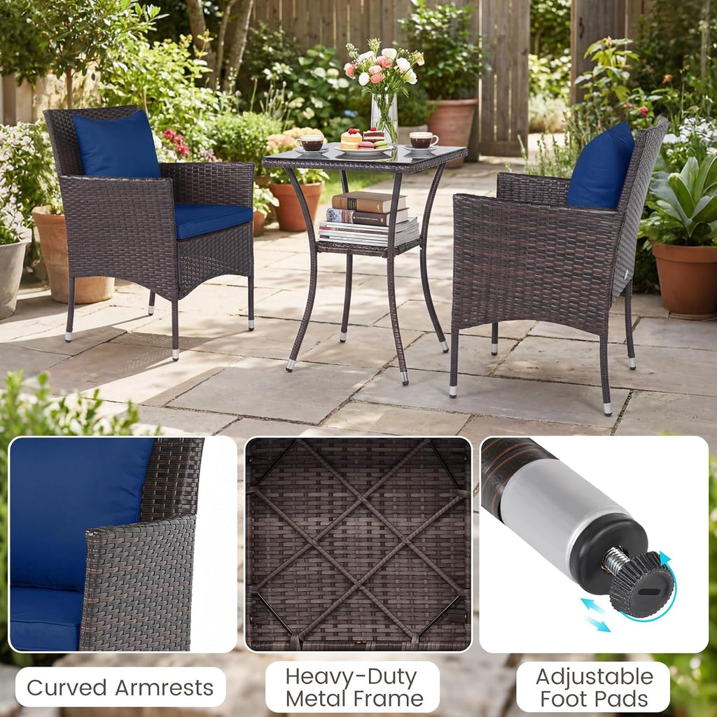 Tangkula 3 Pieces Patio Wicker Bistro Set, 2 Rattan Chairs w/ 2-Tier Tempered Glass Table, Outdoor Conversation Furniture Set with Cushions for Backyard, Porch, Poolside (Mix Brown+Navy)